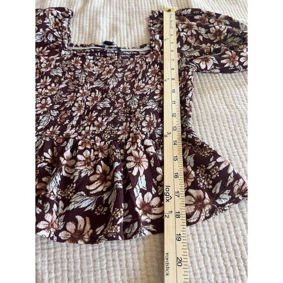 American Eagle Women Top XS Brown Floral Cropped Boho Smocked Peplum Peasant - Picture 11 of 11